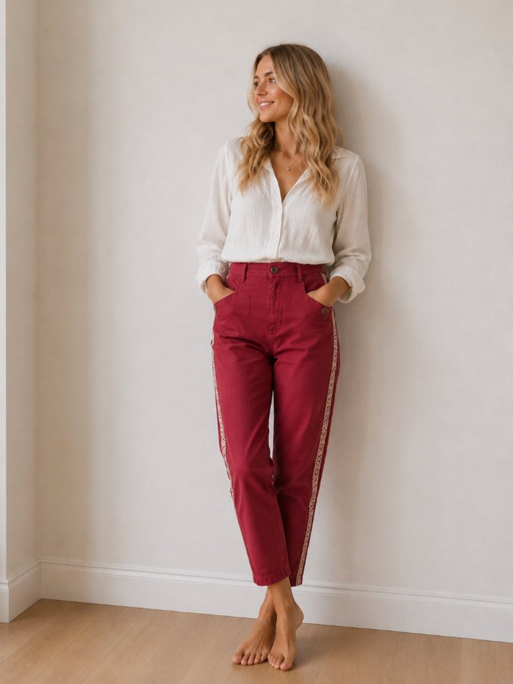Anthropologie Red Tapered-Leg High Waisted Pants with Trim